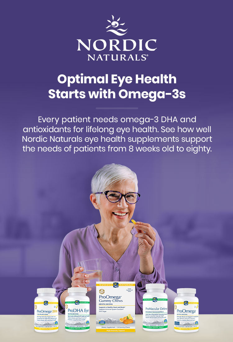 An elderly woman with short gray hair and glasses holds a supplement capsule. In front of her are Nordic Naturals products. The text above reads, Optimal Eye Health Starts with Omega-3s.