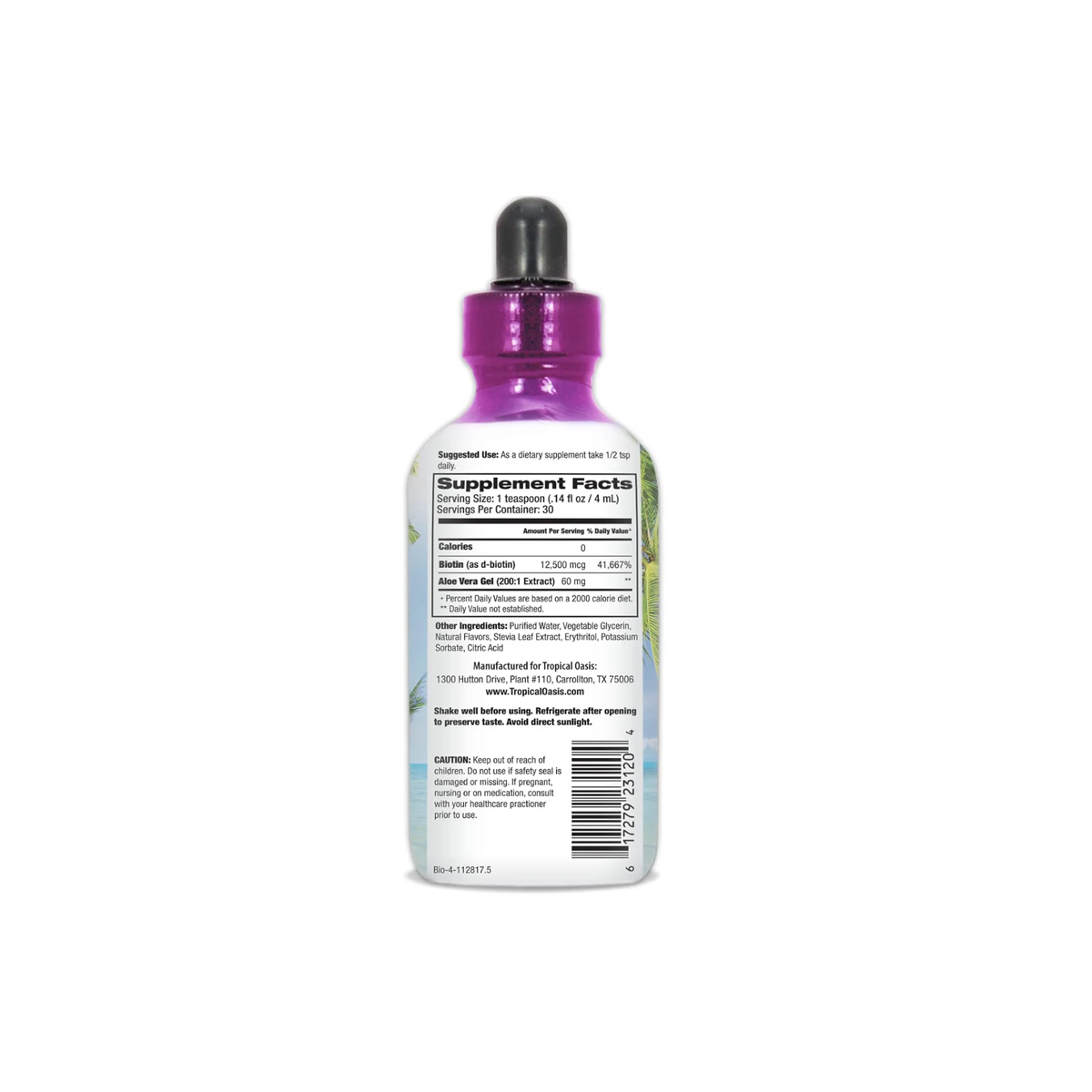 The Tropical Oasis Biotin Liquid Supplement comes in a white bottle with a purple cap and dropper. It features Supplement Facts, ingredients, and dosage instructions on the label. Ideal for those seeking hair growth support, it holds 4 oz. against a plain white background.