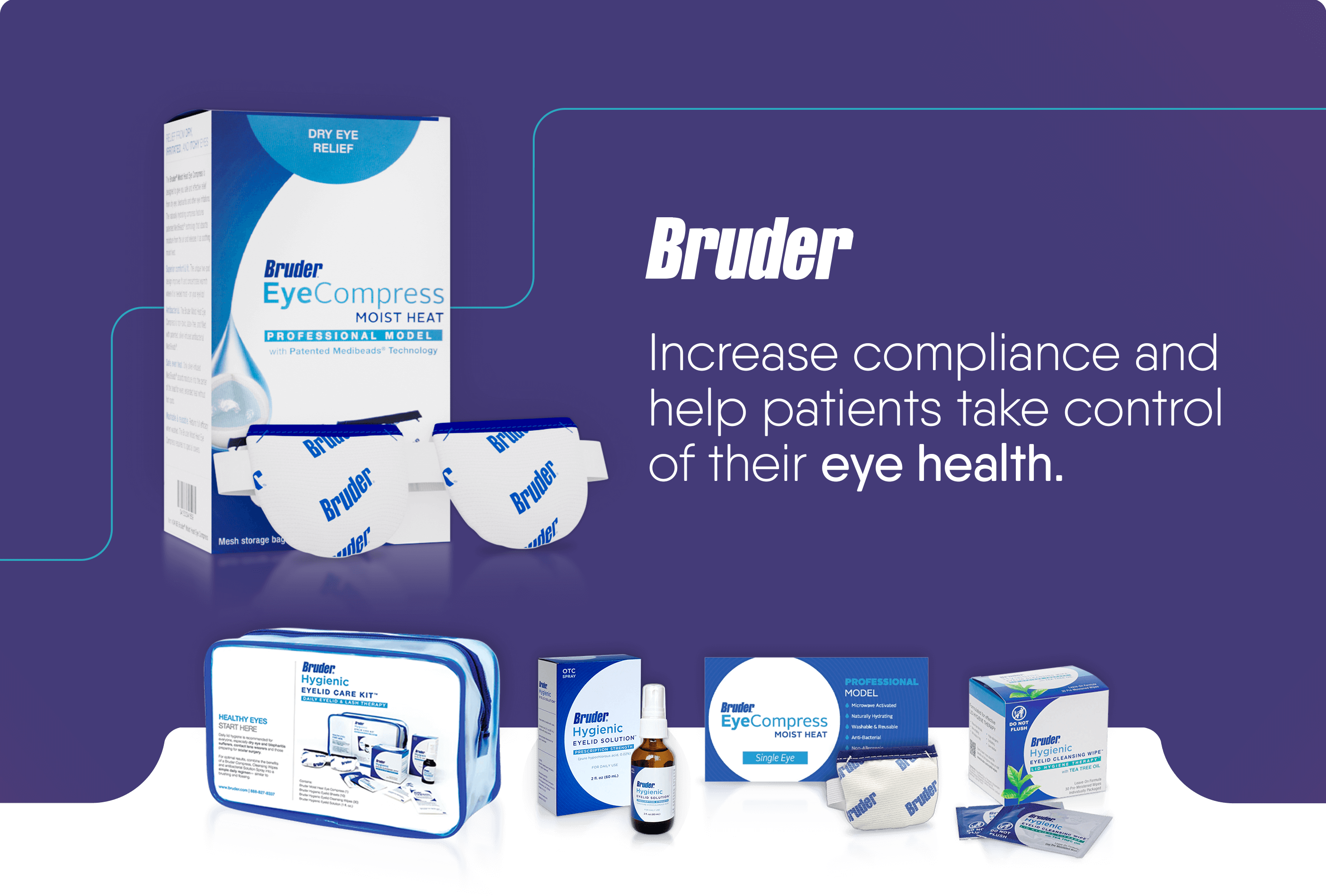 A variety of Bruder eye care products including eye compresses and eye masks are displayed against a blue background. Text reads, Increase compliance and help patients take control of their eye health.