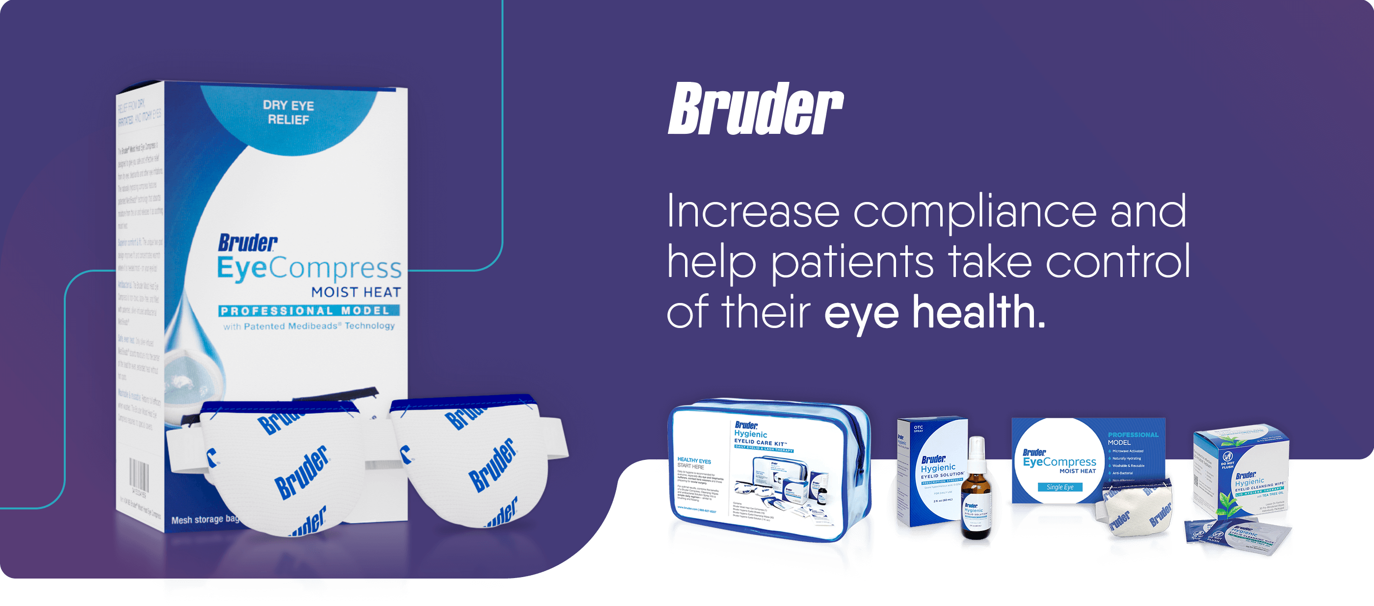Packaging for Bruder EyeCompress Moist Heat is shown with additional Bruder products in the background. The text reads: Increase compliance and help patients take control of their eye health.