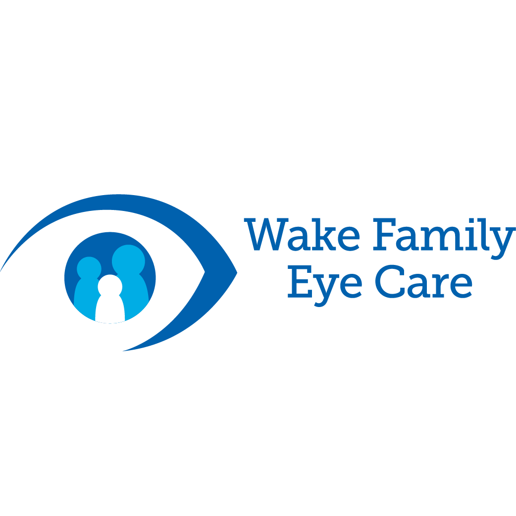 Blue and teal logo with an eye design containing silhouettes of three people. To the right, the text reads Wake Family Eye Care.