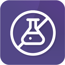 A purple icon with a white outline of a laboratory flask inside a circle and a diagonal line crossing through it, indicating a no chemicals or chemical-free message.