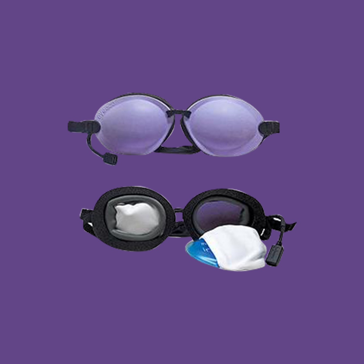 Swimming goggles from EyeEcos Tranquilvibes line sit on a purple background. The top view displays the goggles with clear lenses, while the bottom shows one lens covered with a white cleaning cloth, offering ideal dry eye therapy during swimming. Enjoy Instant XL 1000+ Moist Heat Treatments.