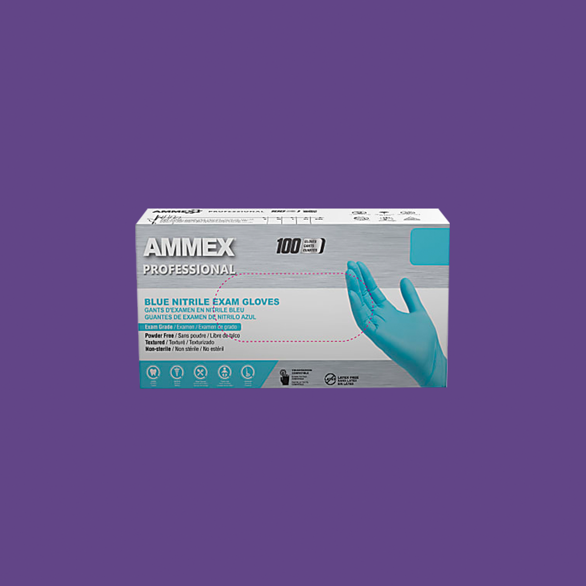 Box of AMMEX Small blue nitrile exam-grade gloves, latex and powder-free, lightly textured, on a purple background. The box shows a hand wearing a blue glove and includes text detailing the type, size, and quantity of 100 gloves.