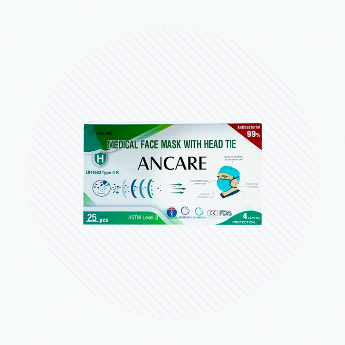 Packaging for Ancare FDA Level 3 Surgical Mask, featuring a green and white design. These 4-ply, anti-bacterial masks are EN14683 Type IIR, ASTM Level 3, latex-free, fiberglass-free with tie-on for ear comfort. Contains two boxes of 25 masks each (total of 50 pieces).
