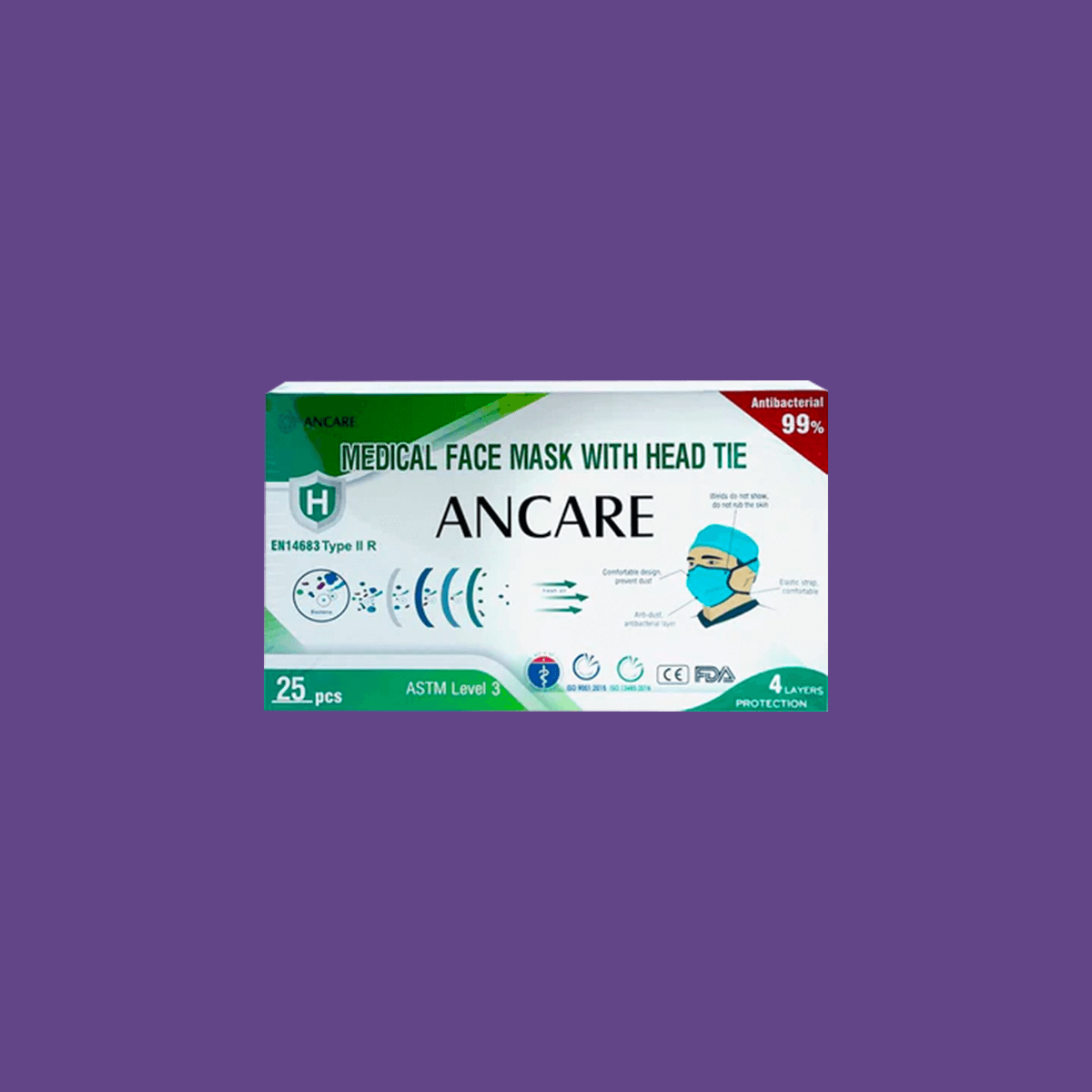 Two boxes of Ancare FDA Level 3 Surgical Masks rest on a purple background, each offering 25 masks. These 4-ply, latex-free masks with tie-ons meet ASTM Level 3 standards and provide antibacterial protection with 99% effectiveness.