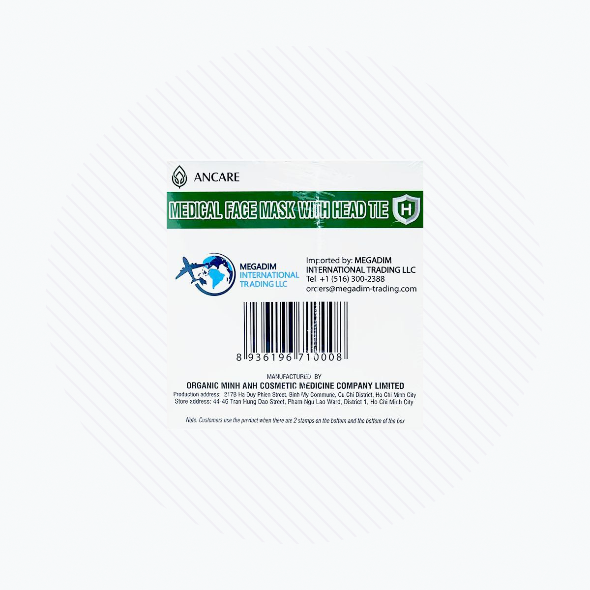 ANC Care FDA Level 3 Surgical Mask box label features Megadim International Trading LLCs logo and contact info, includes a barcode, states latex-free and fiberglass-free, and is manufactured by Organic Minh Anh Cosmetic Medicine Company Limited. It contains 4-ply tie-on masks for ear comfort.