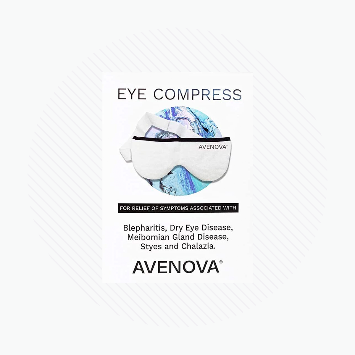 Image of the Avenova Microwavable Heat Eye Compress Mask by NovaBay. The packaging displays a reusable eye mask labeled Avenova and emphasizes warm compress therapy for blepharitis relief and dry eye symptom alleviation.