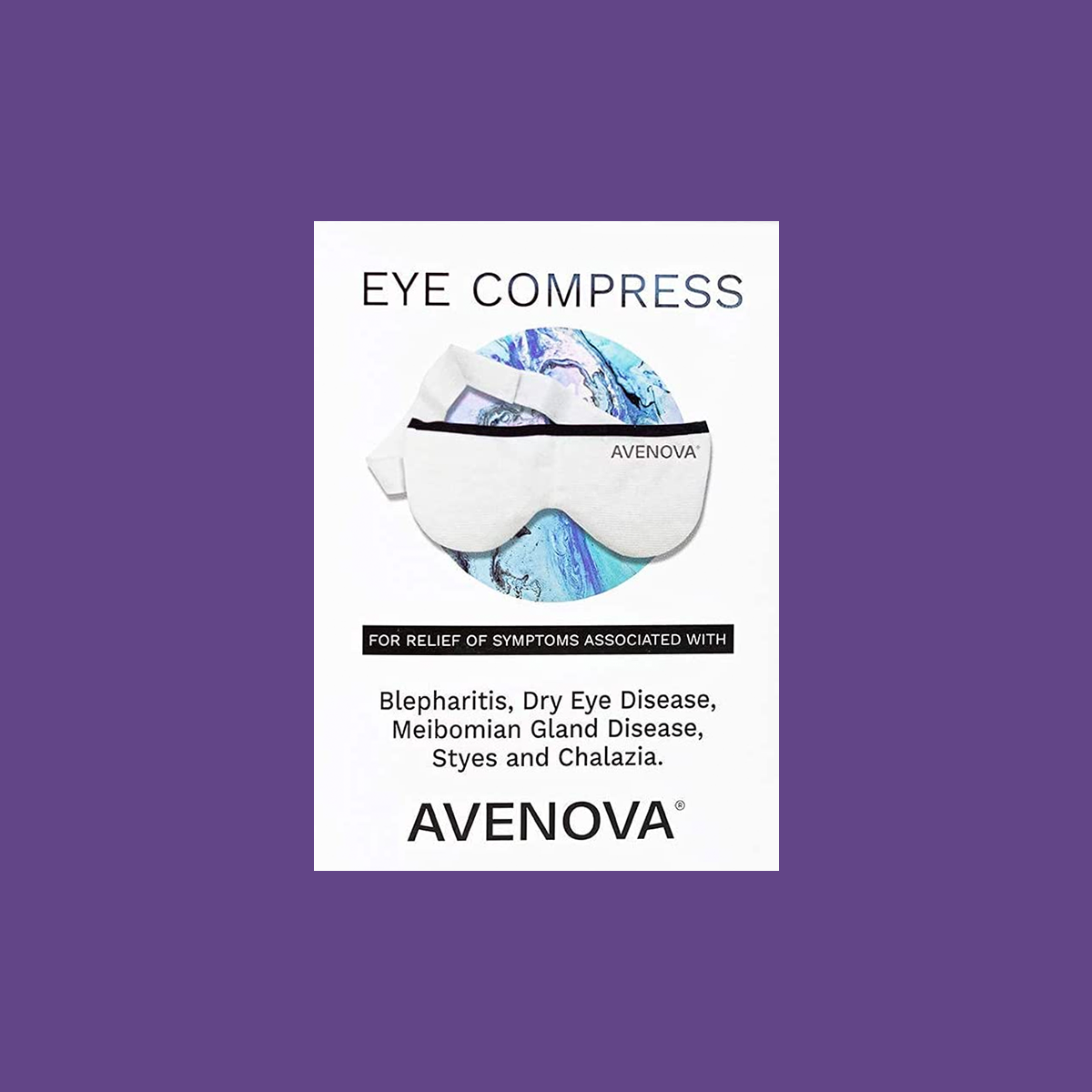 On a purple background, the Avenova Microwavable Heat Eye Compress Mask by NovaBay is featured, designed to alleviate blepharitis, dry eye disease, meibomian gland issues, styes, and chalazia. This reusable mask ensures effective relief for blepharitis.