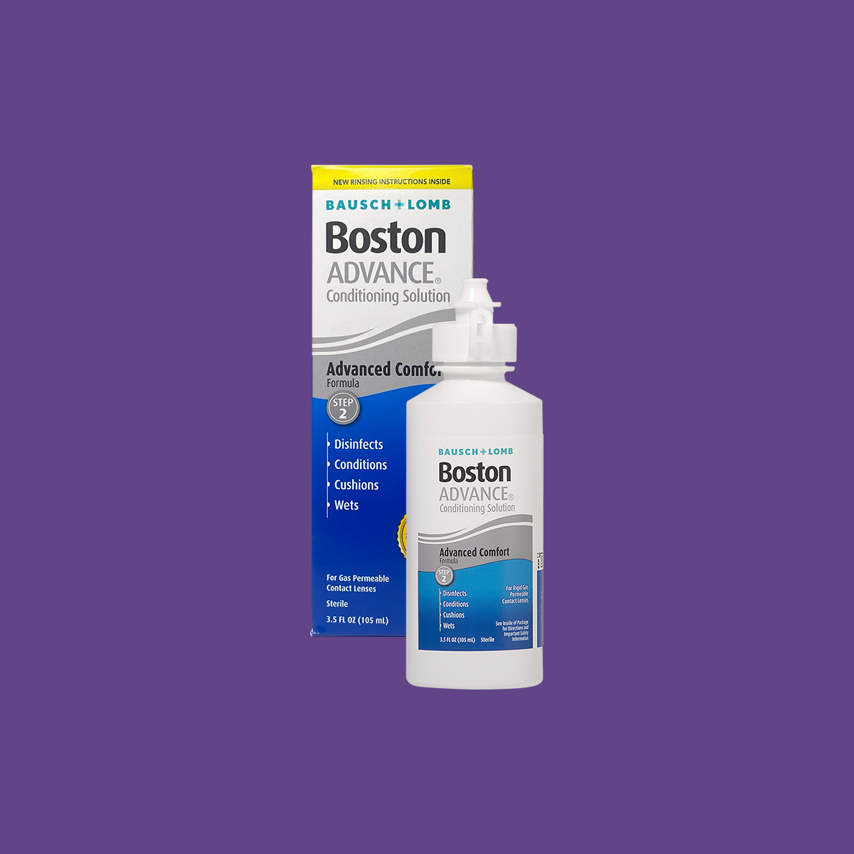 The Boston Advance Conditioning Solution, 3.5oz by Bausch & Lomb, sits before its box against a purple background. Labeled for disinfecting, conditioning, cushioning, and wetting gas permeable lenses, it relieves ocular irritation.