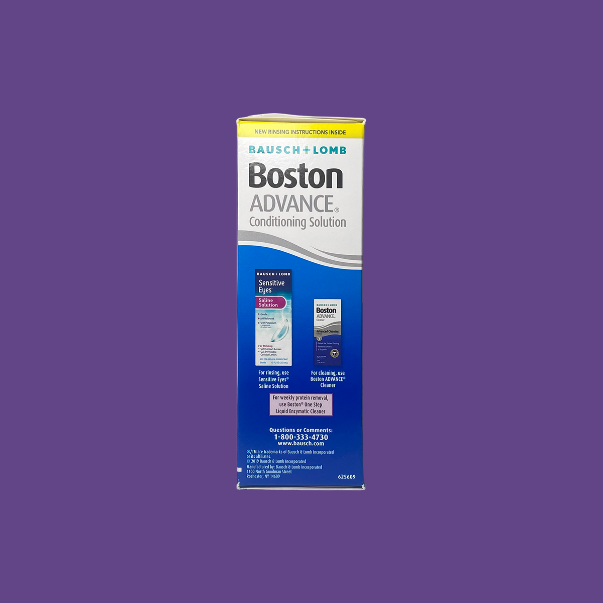 The Bausch & Lomb Boston Advance Conditioning Solution 3.5oz is displayed against a purple background, emphasizing its benefits of cleaning and protecting gas permeable contact lenses, with blue and white text highlighting its role in reducing ocular irritation.