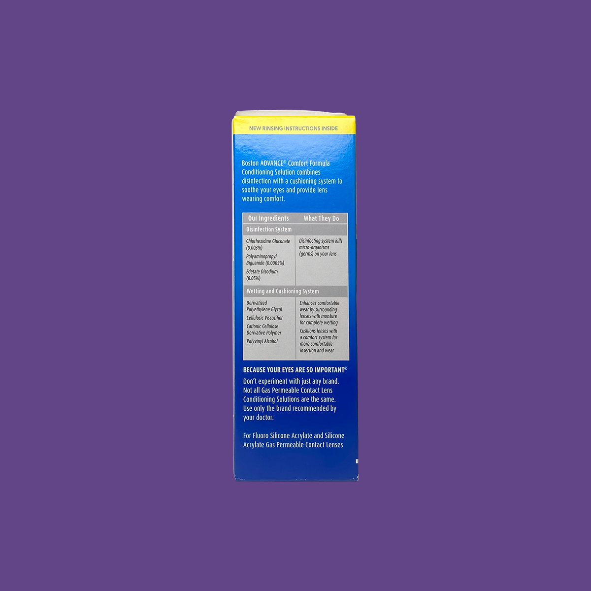 The image shows a 3.5oz box of Bausch & Lombs Boston Advance Conditioning Solution on a purple backdrop, featuring a blue and yellow design that highlights lens care for gas permeable lenses with an ingredients chart to prevent ocular irritation.