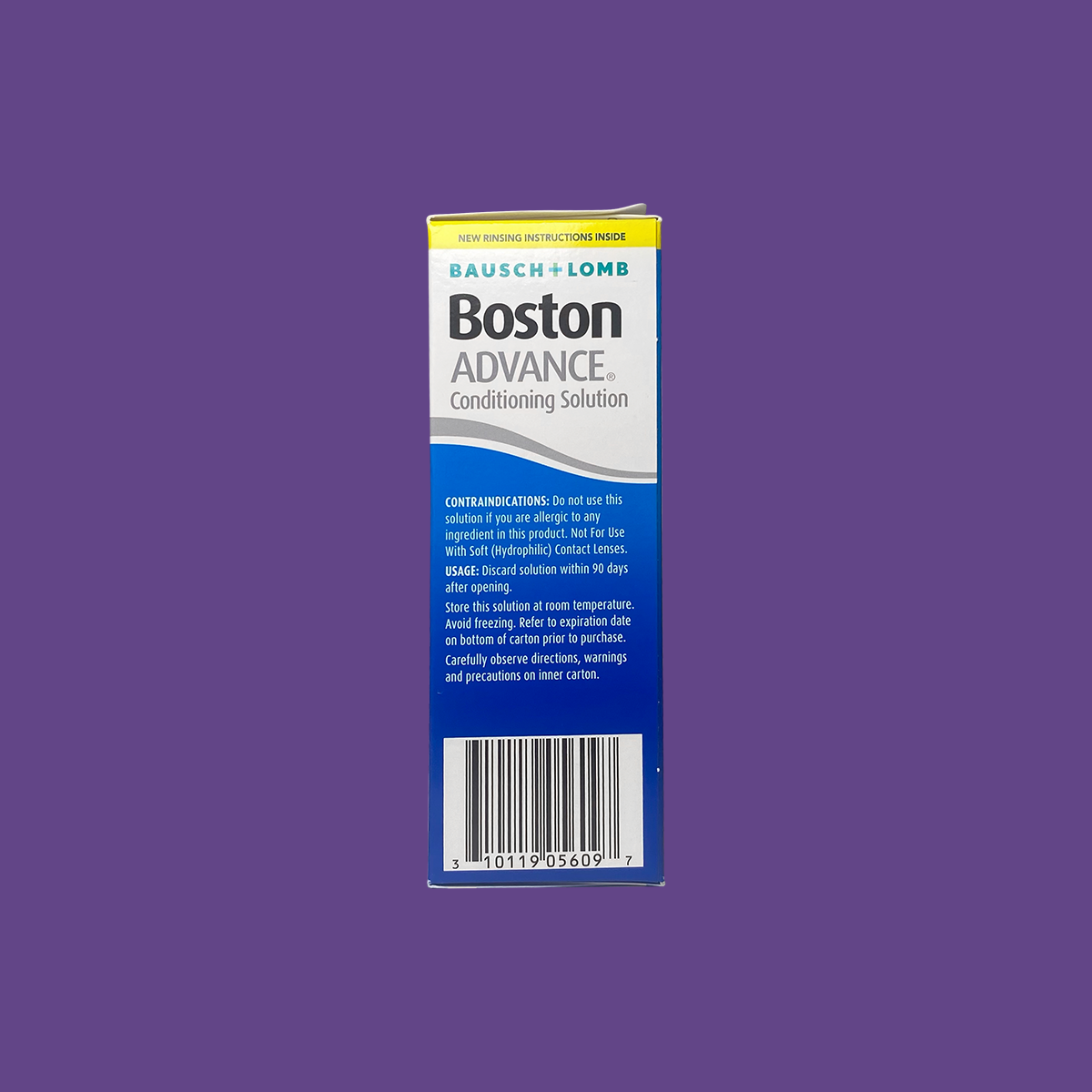 The image displays a 3.5oz box of Bausch & Lomb Boston Advance Conditioning Solution on a purple backdrop, emphasizing its benefits for gas permeable lenses. The box includes usage instructions and cautions to prevent ocular irritation, with a barcode at the bottom.