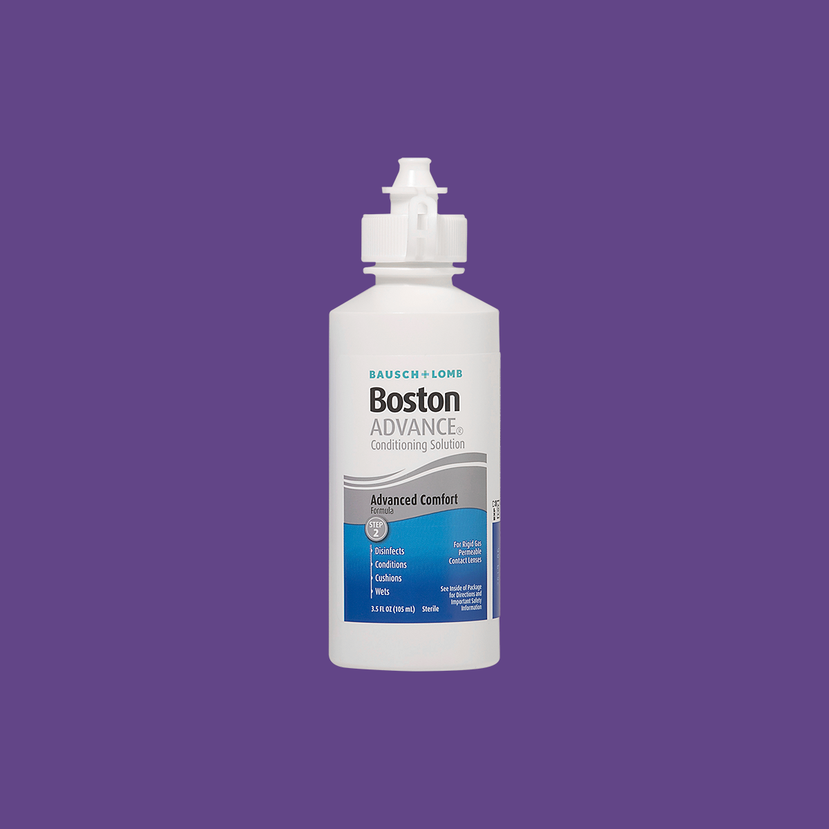 A 3.5oz bottle of Boston Advance Conditioning Solution by Bausch & Lomb is shown against a purple background. The white bottles blue label reads Advanced Comfort, promoting minimal ocular irritation for superior lens care.