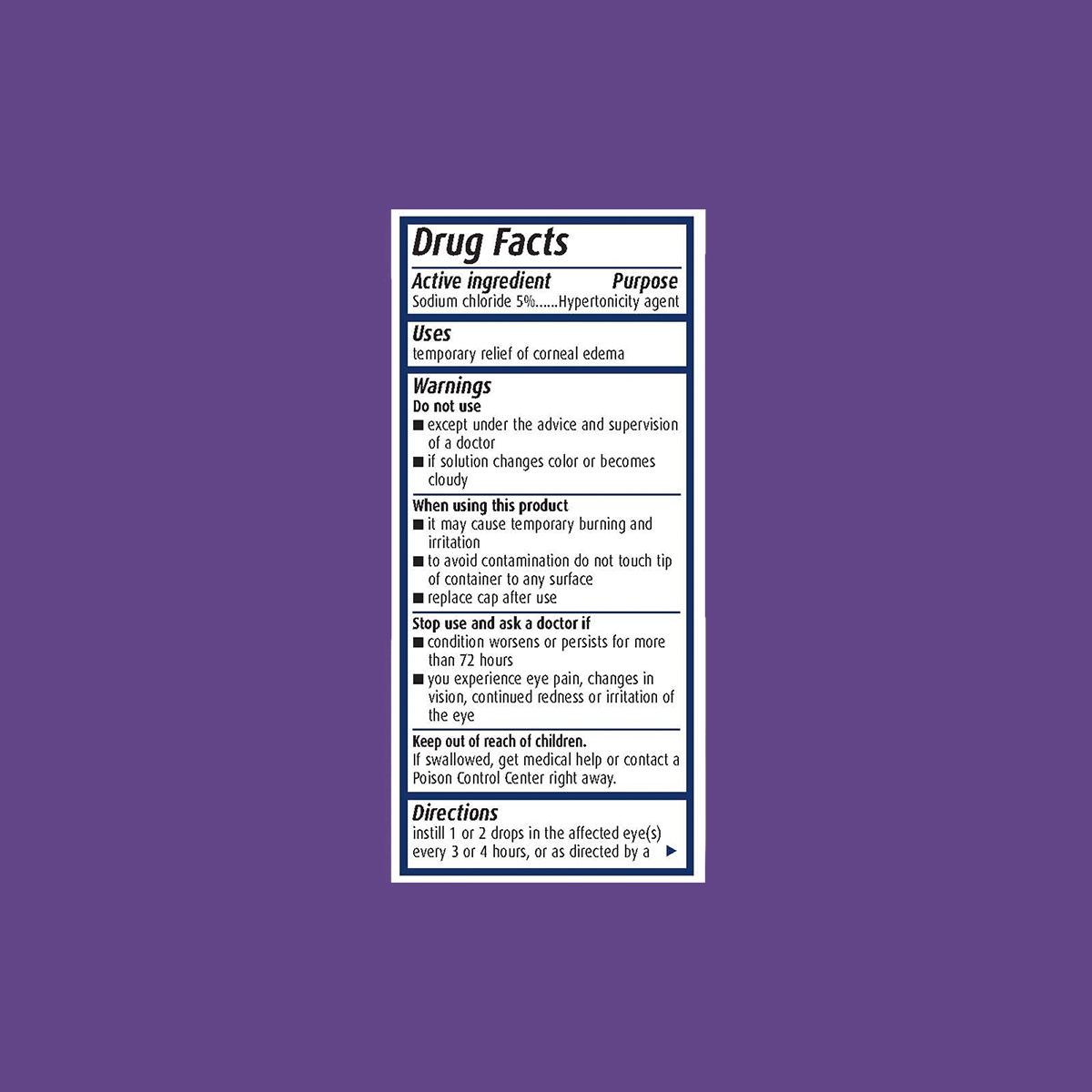 The Muro 128 Eye Drops by Bausch + Lomb feature a hypertonic saline label detailed against a purple background, listing active ingredients, uses, warnings, and directions. Suggested use is 1 or 2 drops in affected eye(s) every 3-4 hours for managing recurrent corneal erosions.