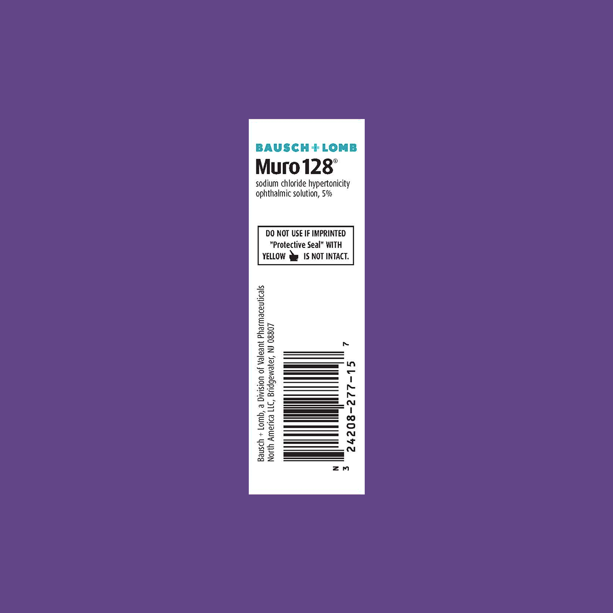 The Bausch + Lomb Muro 128 Eye Drops box label, on a purple background, indicates its a 5% sodium chloride hypertonicity ophthalmic solution designed for temporary relief of corneal edema. It includes safety and packaging instructions.