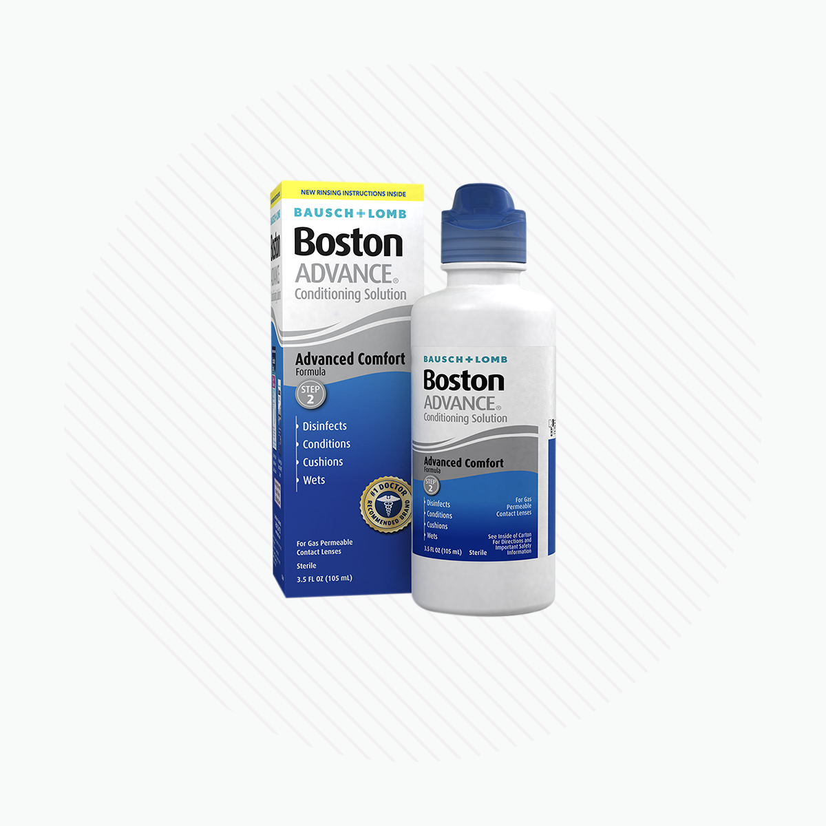 A 3.5oz bottle and box of Bausch & Lombs Boston Advance Conditioning Solution for gas permeable lenses disinfects, conditions, cushions, and wets to reduce ocular irritation; the white bottle with a blue label is paired with a blue and white box.