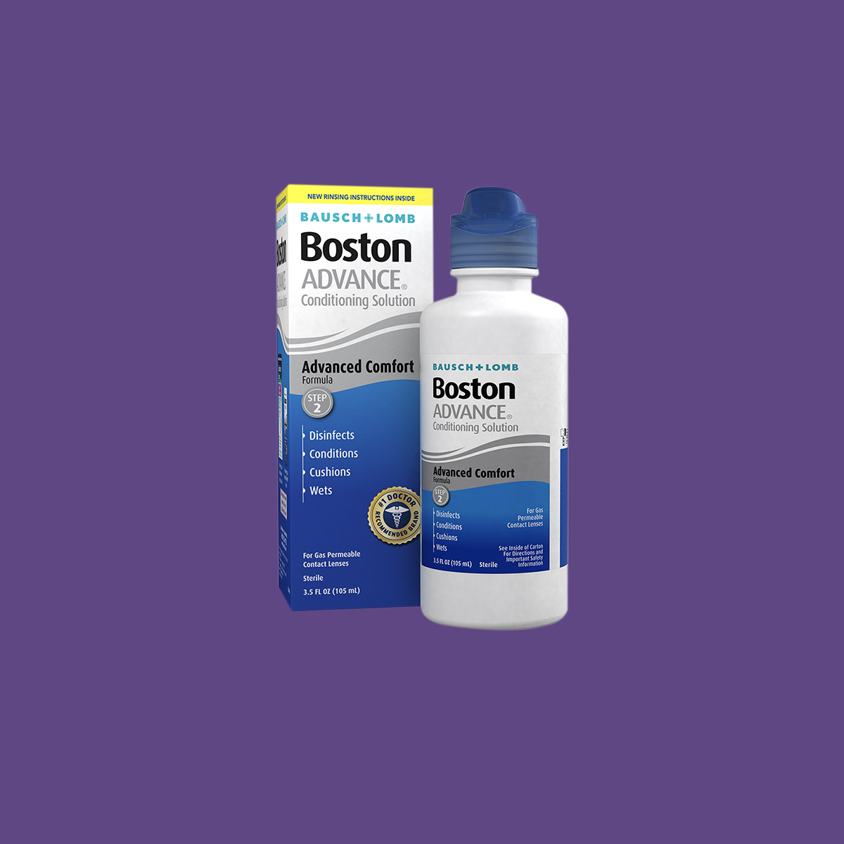 A Boston Advance Conditioning Solution, 3.5oz by Bausch & Lomb, rests near its box on a purple backdrop. The packaging highlights its key features: disinfecting, conditioning, providing comfort, and reducing ocular irritation for gas permeable contact lens users.