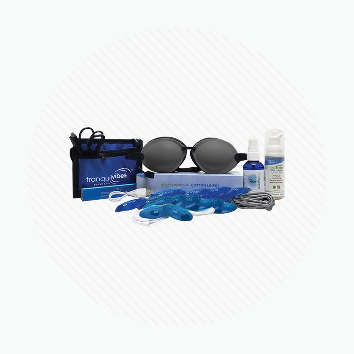 Image of the Tranquilvibes sleep kit by EyeEco showing a blue carrying pouch, black sleep mask, two sprays, reusable ear plugs, two blue gel packs for Instant XL 1000+ moist heat treatment, a Cotton Liners box, and earphones on a striped background.