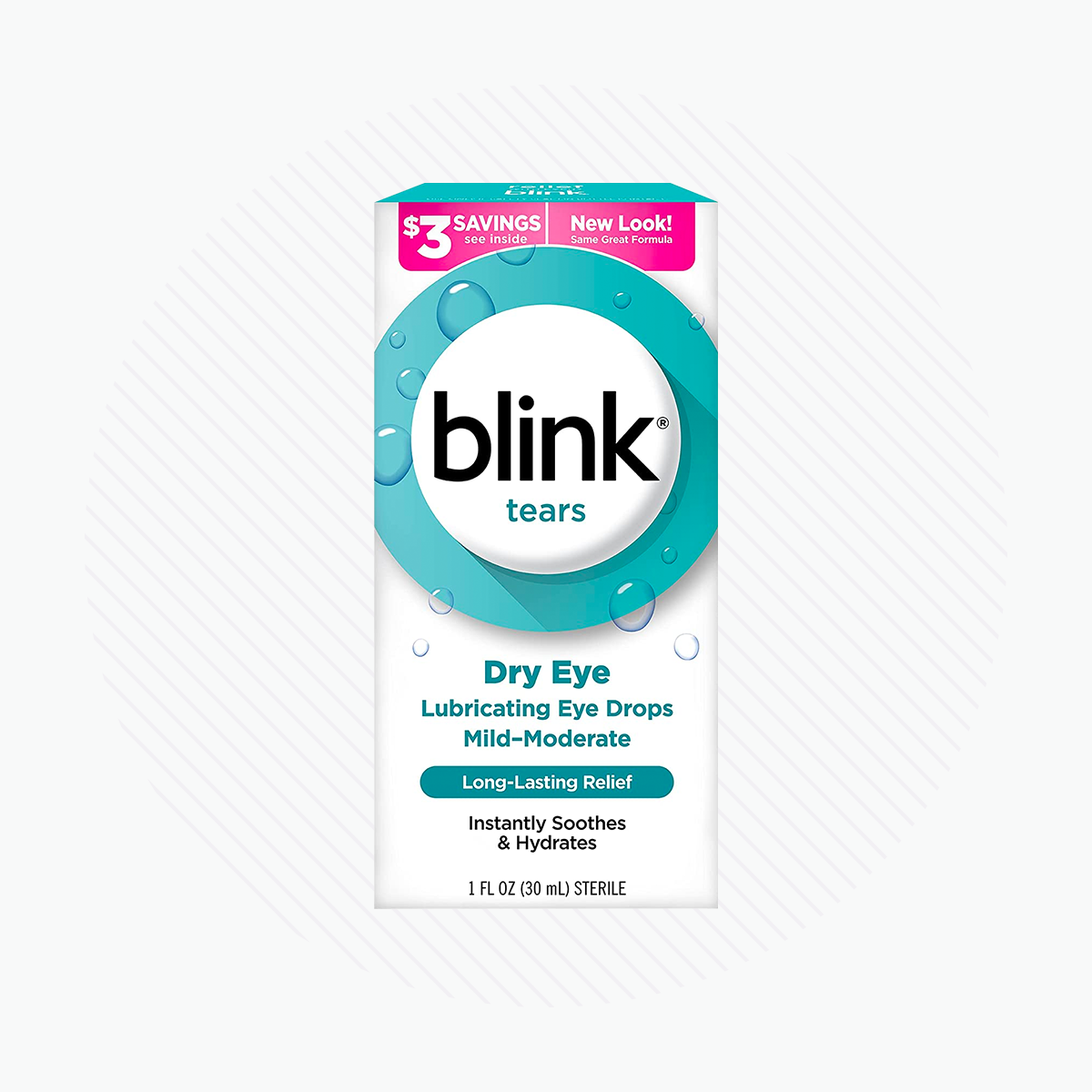 Box of Bausch + Lomb Blink Tears Lubricating Eye Drops for mild to moderate dry eye relief. The white packaging features a teal circle and bubble design with text on long-lasting comfort and soothing hydration. A pink savings label on top offers great value.