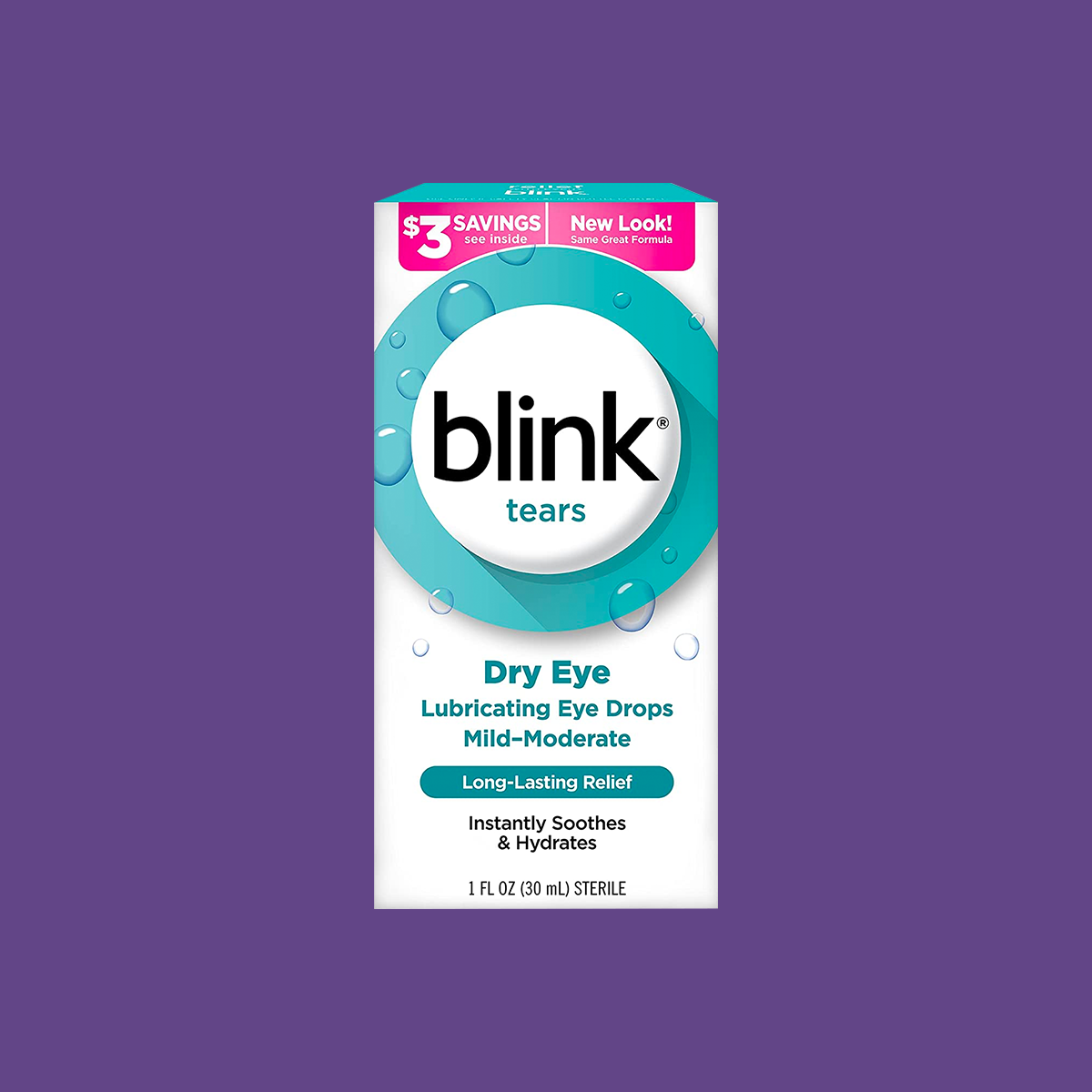 The packaging of Bausch + Lombs Blink Tears Lubricating Eye Drops features a turquoise circle on a white backdrop, offering long-lasting comfort and immediate relief. It contains 1 fl oz (30 mL) of solution for mild to moderate dry eye relief.