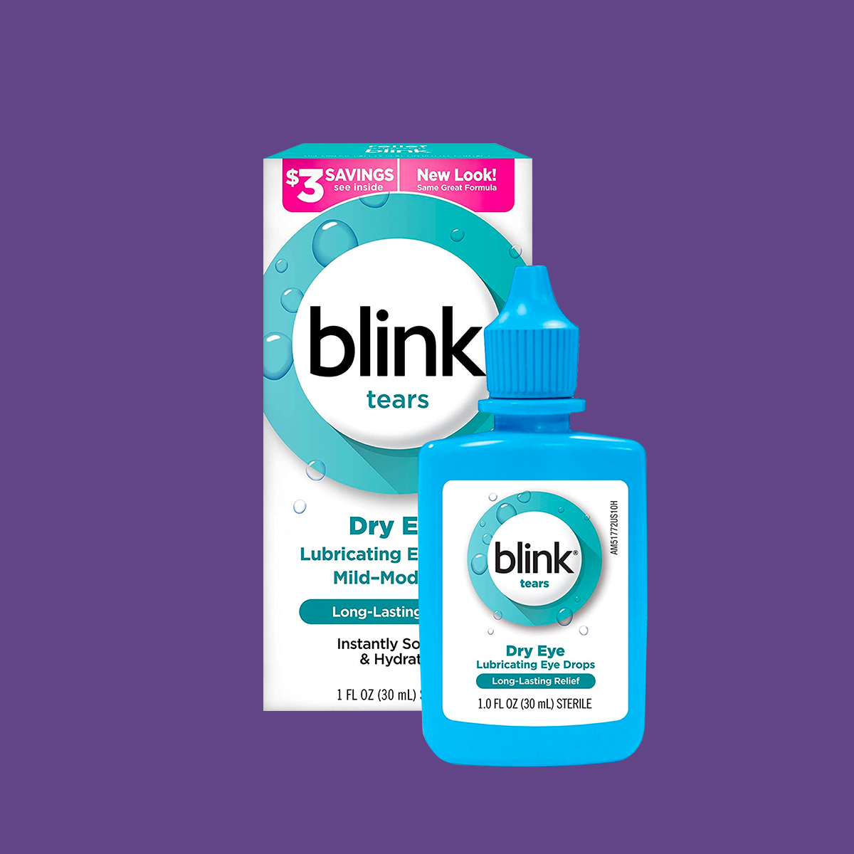 A blue and white bottle of Bausch + Lomb Blink Tears Lubricating Eye Drops is displayed with its box on a purple background. The package, offering relief for mild to moderate dry eyes and a $3 savings offer, has a fresh design promising instant comfort.