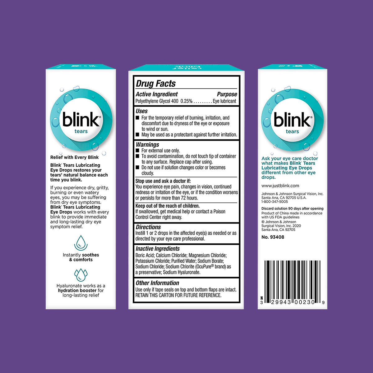 The packaging for Blink Tears Lubricating Eye Drops by Bausch + Lomb features a purple background with instructions, ingredients, and warnings. The front displays the product name and description, plus a logo with a blue droplet symbolizing eye comfort.