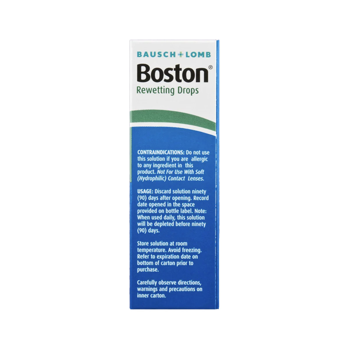 The Boston Rewetting Eye Drops for Gas Permeable Contact Lenses by Bausch + Lomb, 0.33 Fl Oz, enhance lens wettability. Packaged in a white and blue design, it includes contraindications, usage instructions, and storage information.