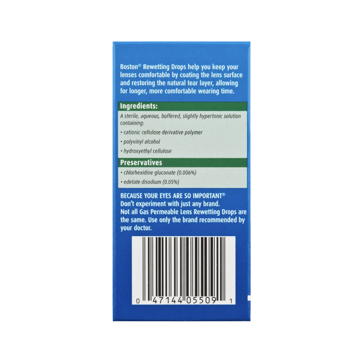The back of the box for Boston Rewetting Eye Drops by Bausch + Lomb, 0.33 Fl Oz, promotes enhancing wettability in gas permeable lenses. It contains cationic cellulose derivative polymer, polyvinyl alcohol, hydroxyethyl cellulose, with preservatives chlorhexidine gluconate and EDTA.