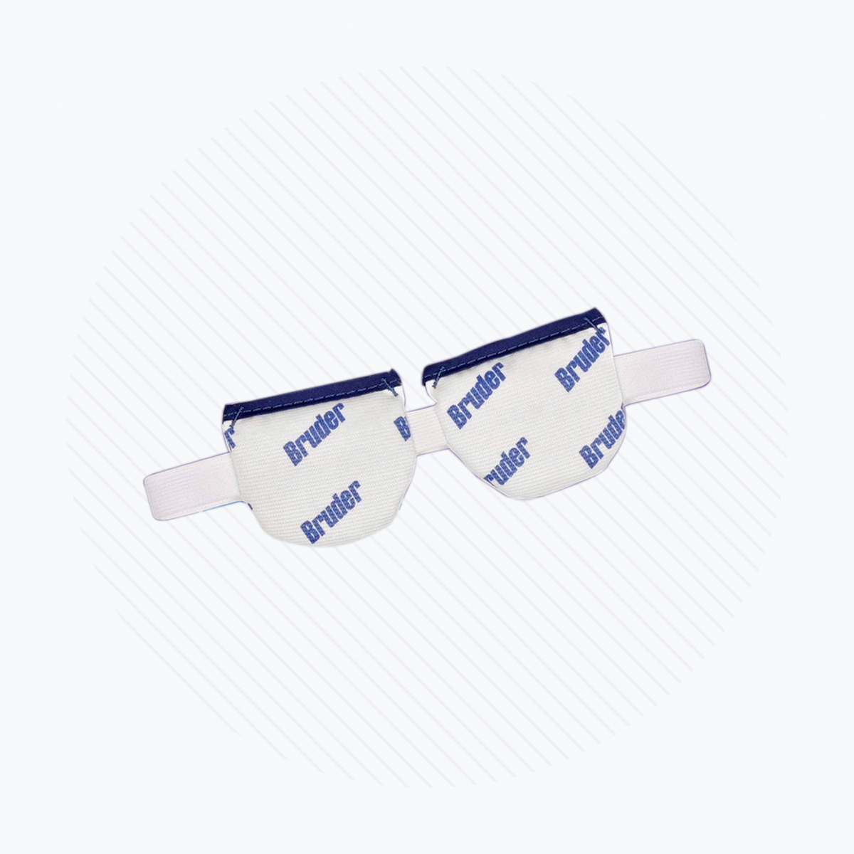 A pair of white eye pads labeled Bruder Eye Compress in blue text, linked by a white elastic band, showcases Medibeads technology. The subtle diagonal stripe pattern on the background adds to its sleek design. Product: Bruder Eye Compress Moist Heat Professional Model for Dry Eyes (6-Pack with Display).