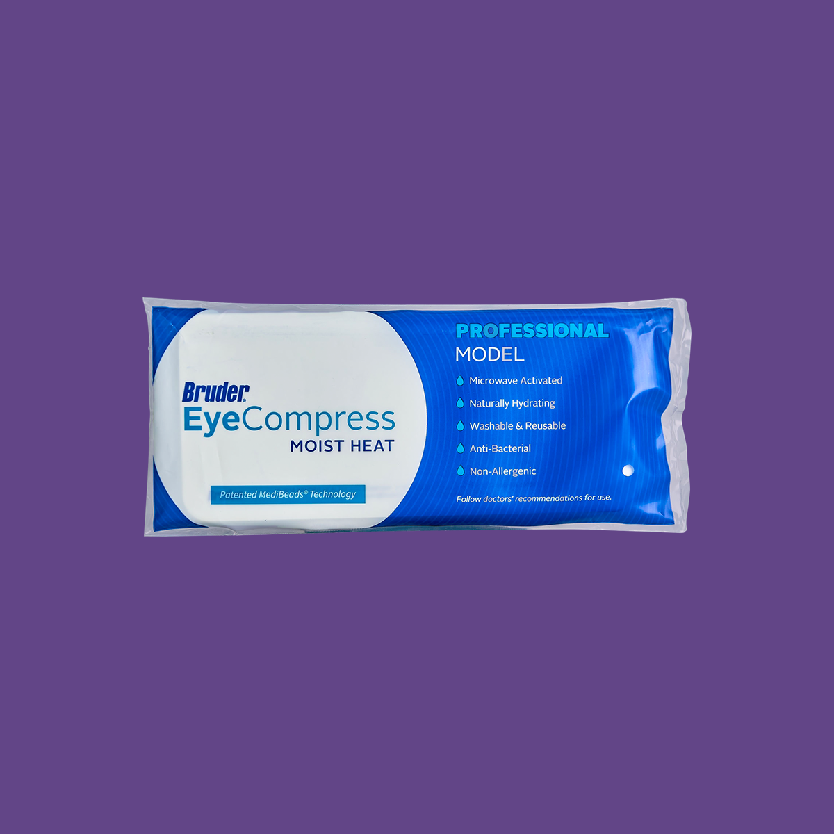 Bruder Dry Eye Mask & Eyelid Sheets feature a blue and white design promoting Moist Heat, Professional Model with MediBeads Technology. Benefits include microwave activation, hydration, washability, reusability, antibacterial and non-allergenic properties against a purple background.