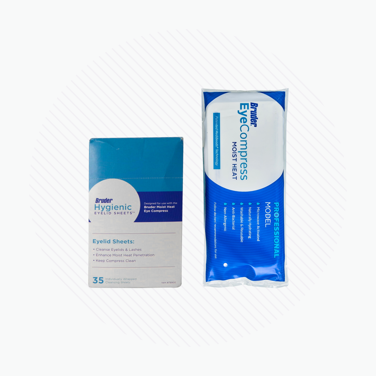 Bruders packaging showcases their Dry Eye Mask & Eyelid Sheets. On the left, a 35-sheet box of hygienic eyelid sheets; on the right, a Professional Model moist heat compress with advanced MediBeads Technology. Both have sleek blue and white designs, ideal for effective dry eye treatment.