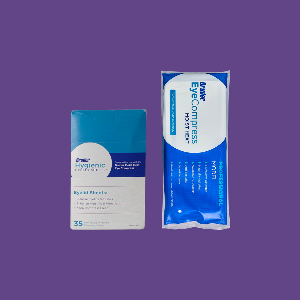 Displayed on a purple background are two Bruder hygiene products: a box of Bruder Dry Eye Mask & Eyelid Sheets with a white label, and an eye compress featuring MediBeads Technology in an attractive blue and white package.
