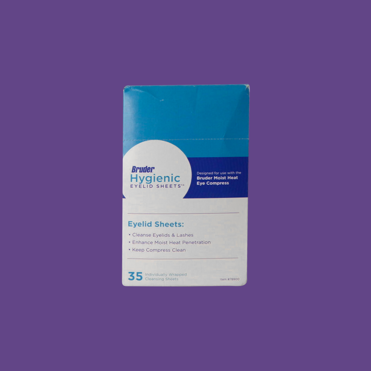 The Bruder Dry Eye Mask & Eyelid Sheets package is displayed against a purple background. The blue and white packaging contains 35 individually wrapped sheets for use with the Bruder Moist Heat Eye Compress, providing advanced relief as part of a dry eye treatment.