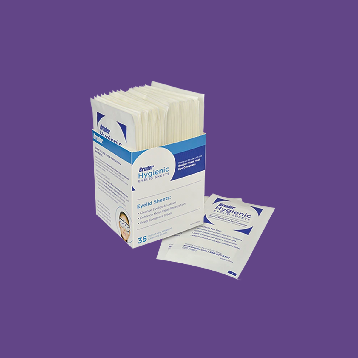 The Bruder Dry Eye Mask & Eyelid Sheets, set against a purple background, displays an open box revealing the sheets inside, highlighting its branding and text as an effective solution for dry eyes.
