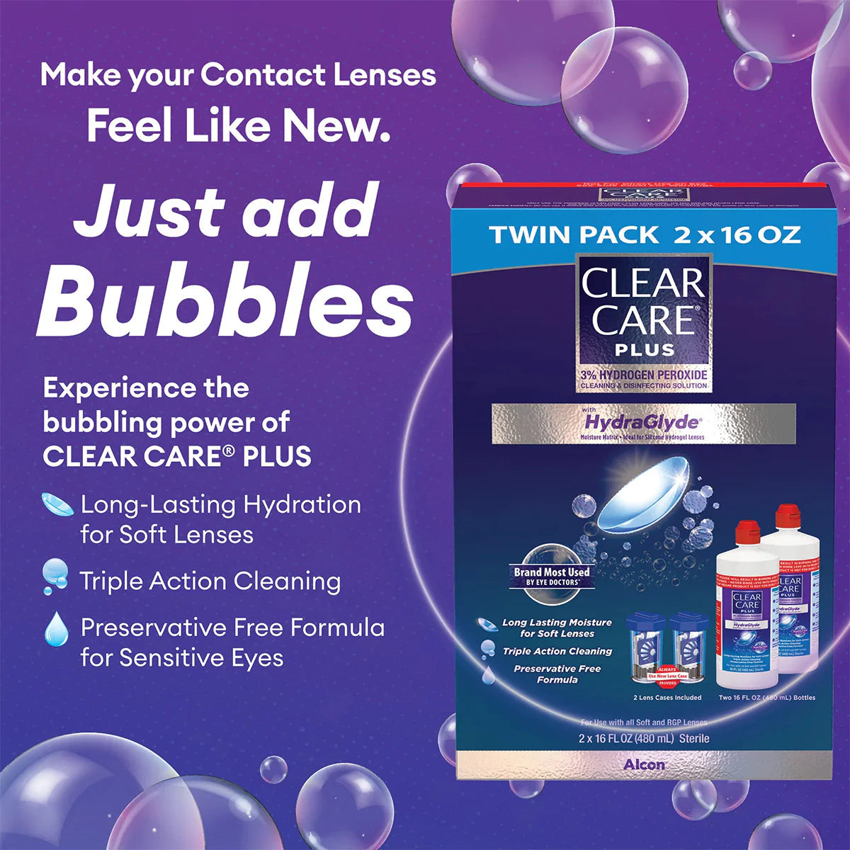 Clear Care Triple Action Cleaning and Disinfecting Solution with Case, Twin Pack, 12 Oz, Pack of 2