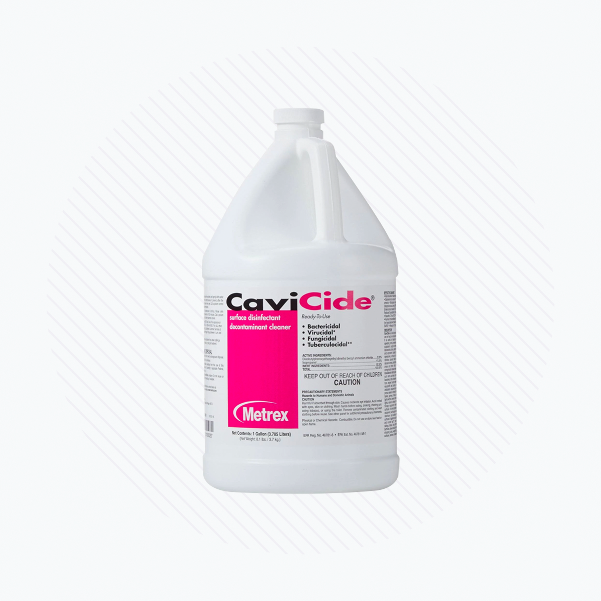A gallon container of Cavicide Surface Disinfectant from the brand Cavicide, featuring a pink label with details, is placed against a subtly striped background.