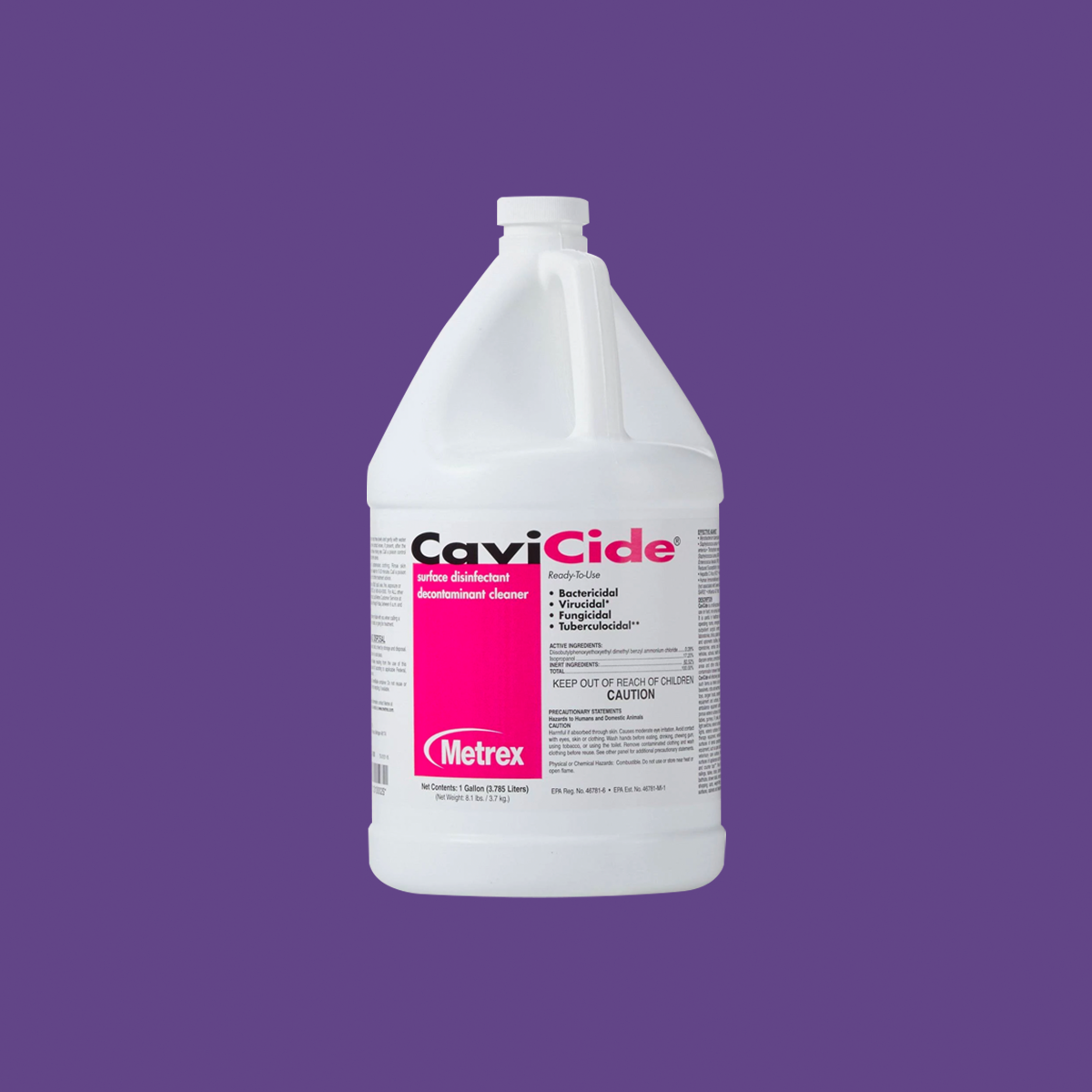 A gallon-sized white bottle of Cavicide Surface Disinfectant features pink and black text on a purple background, displaying product details and cautionary information.