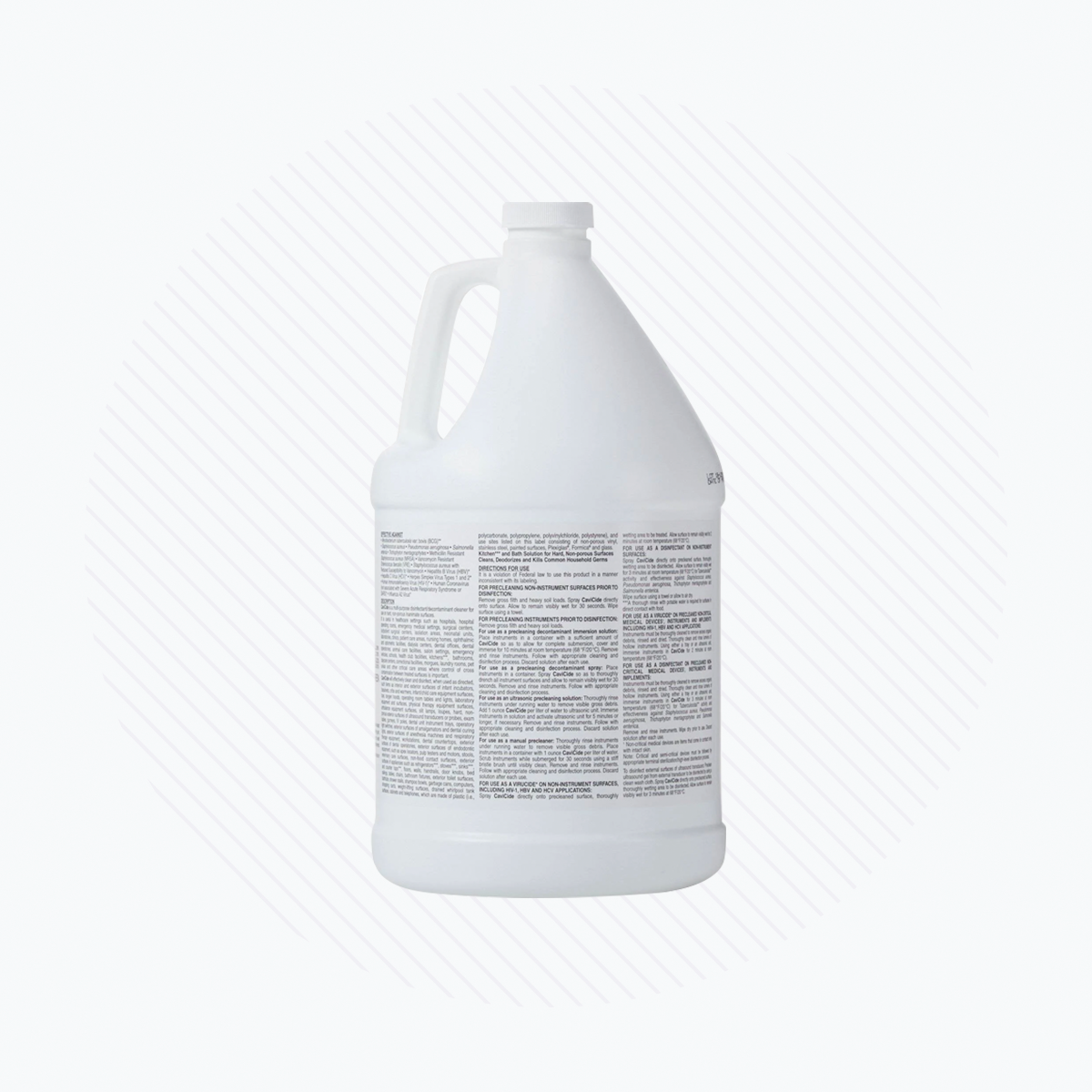 A large, opaque white plastic jug with a handle and screw cap bears the Cavicide label in small print, identifying it as an intermediate-level surface disinfectant. Photographed on a light, diagonally-lined background, the Cavicide Surface Disinfectant Gallon conveys cleanliness and safety.
