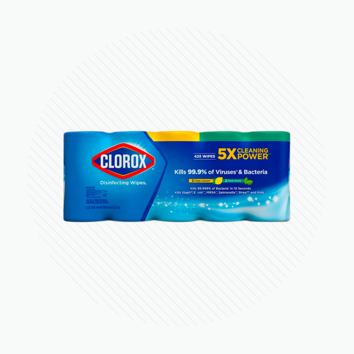 Image of Clorox Disinfecting Wipes packaging in blue, promoting 5x cleaning power and the ability to kill 99.9% of viruses and germs. The bleach-free container offers a total count of 850 wipes from the variety pack.