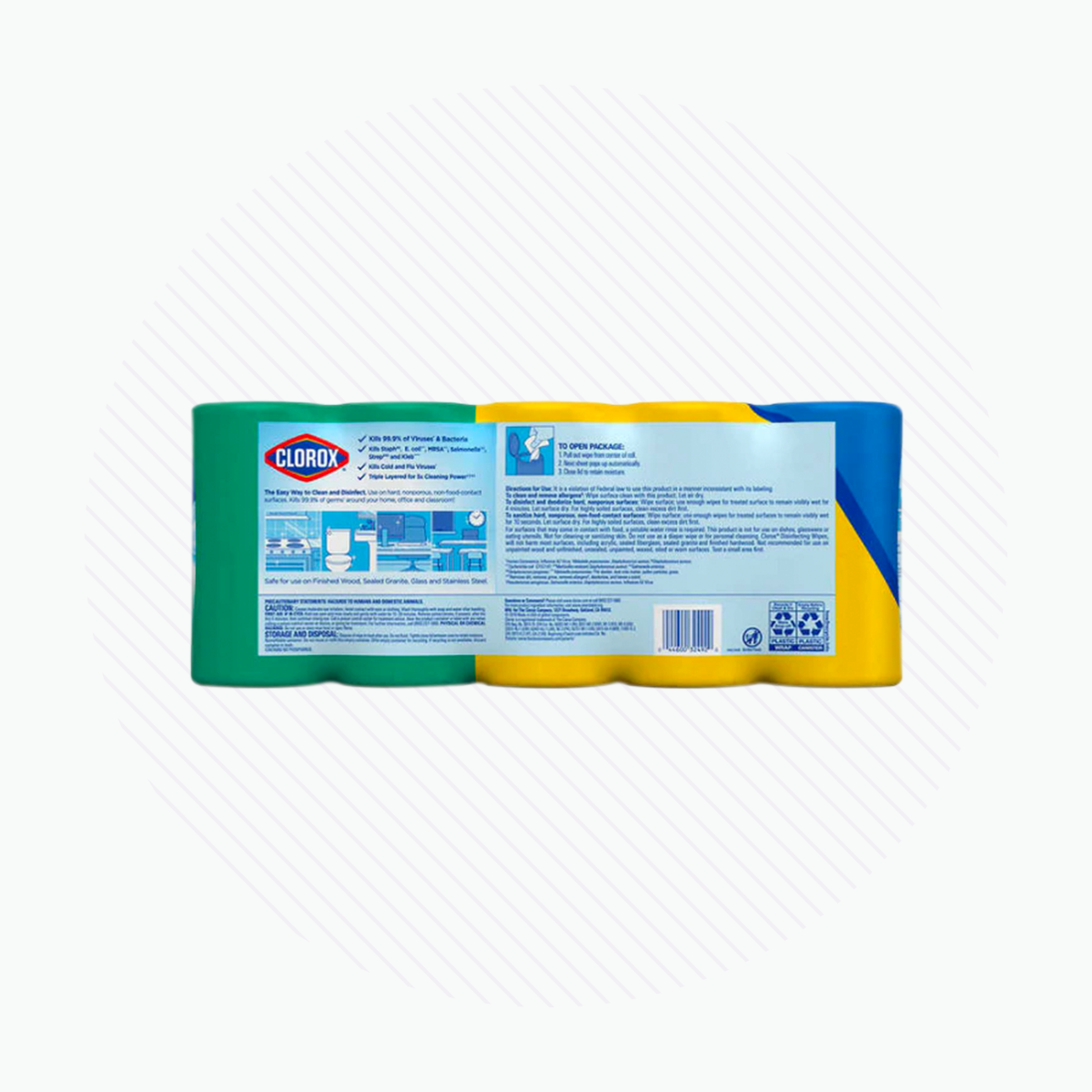 The image shows Clorox Disinfecting Wipes, Variety Pack (85-count, 10-pack) in vibrant green, yellow, and blue packaging. The back features product info, usage instructions, and barcodes. These bleach-free wipes effectively tackle germs.