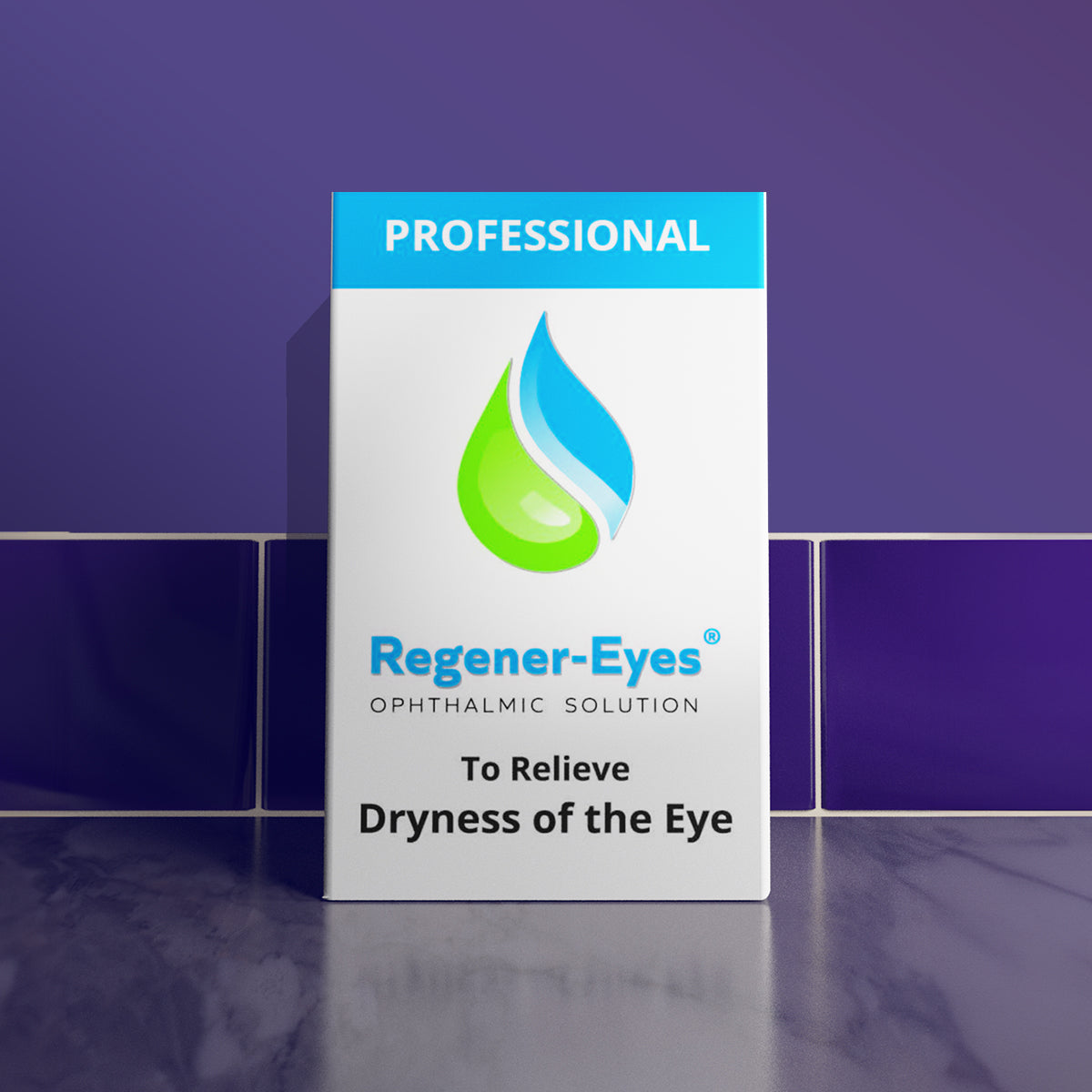 Box of Regener-Eyes ophthalmic solution for dry eyes. The package is labeled Professional and features a green and blue droplet logo. It sits on a tiled surface with a purple background.