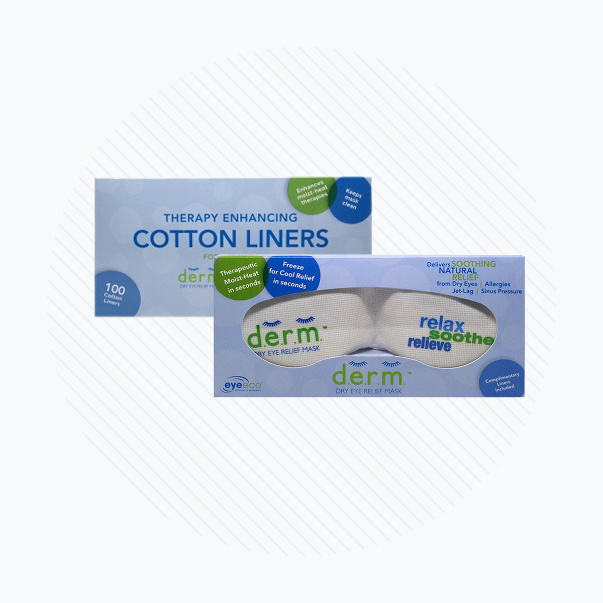 The image displays two EyeEco boxes: the D.E.R.M. Dry Eye Mask for Mild Relief and its bundle with 100 Cotton Liners. Both white boxes feature green and blue text and images of the product inside, designed for soothing dry eye relief.