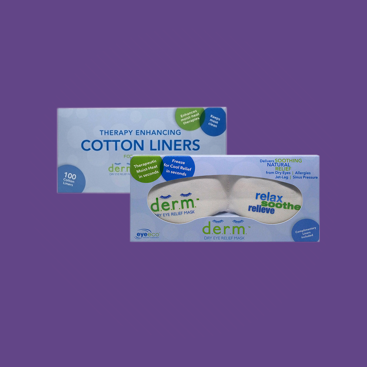 Two EyeEco boxed products on a purple background: One says Therapy Enhancing Cotton Liners, and the other D.E.R.M. Dry Eye mask for Mild Relief. The hypoallergenic mask relaxes, soothes, relieves, and also serves as a moist-heat compress for natural, safe dry eye relief.