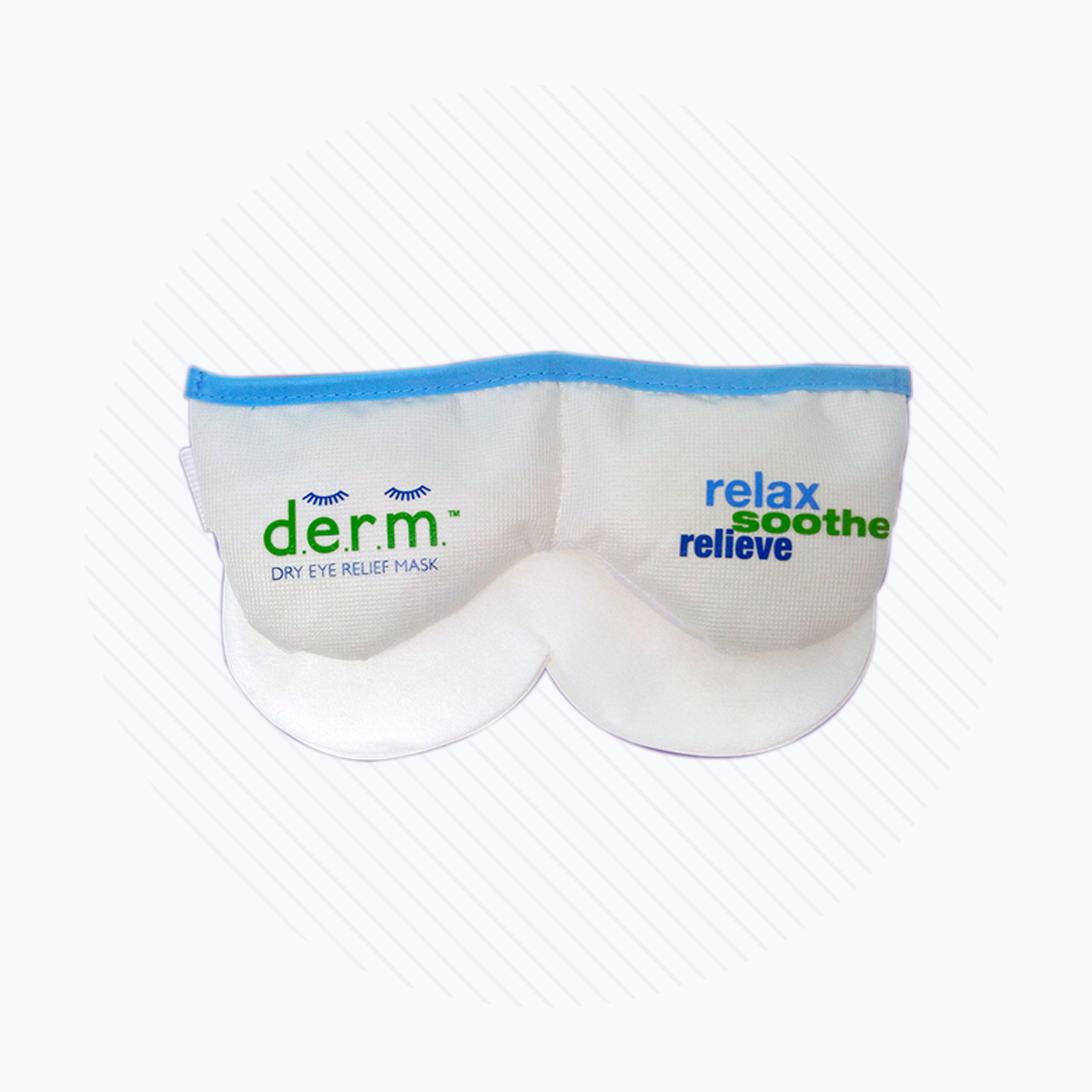 The EyeEco D.E.R.M. Dry Eye mask with cotton liners bundle offers soothing blue-trimmed dry eye relief. Words relax, soothe, relieve in calming blue and green adorn the design, while its moist-heat compress ensures hypoallergenic comfort.