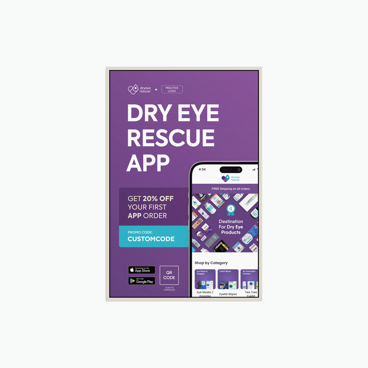 A vibrant purple flyer showcases DryEye Rescues Framed Canvas APP Download Custom QR Link Picture Frames in your exam room. Enjoy 20% off with CUSTOMCODE. Available on App Store and Google Play, scan the QR code for innovative Dry Eye Services!.