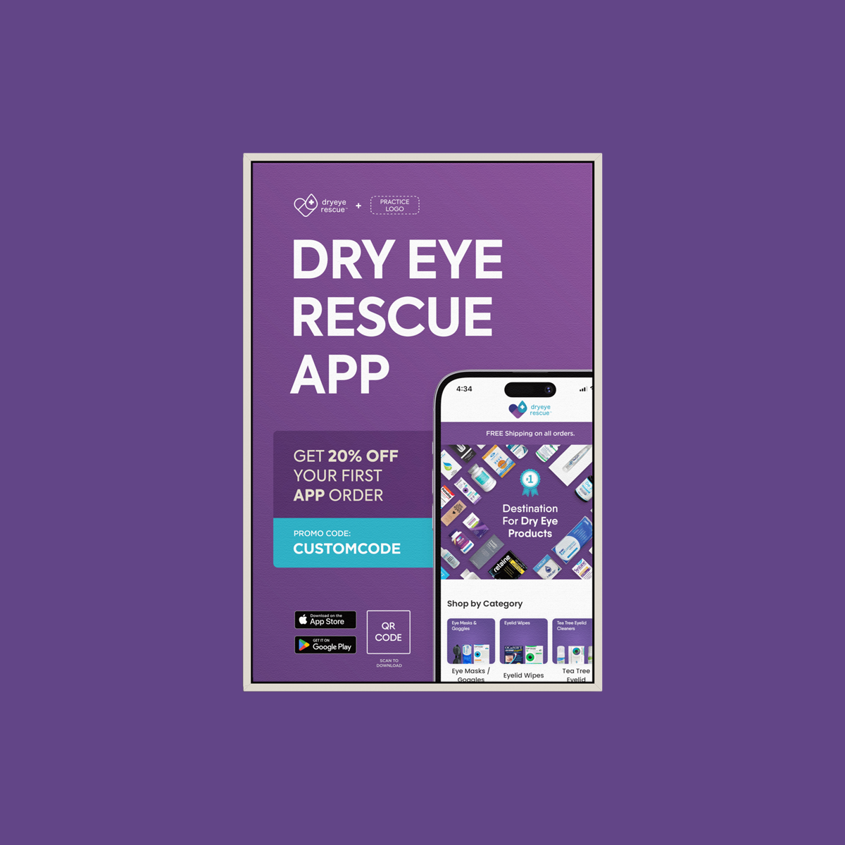 Introducing the DryEye Rescue app! Use promo code CUSTOMCODE for 20% off your first order. Available on App Store and Google Play with an intuitive design. Enhance your experience with our Dry Eye Services or scan the Custom QR code from our Framed Canvas APP Download Picture Frames (3 colors)!.