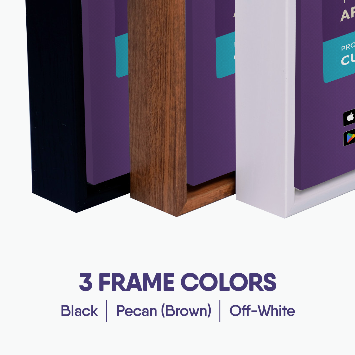 Displayed are three frame corners in black, pecan, and off-white. Beneath them is the label 3 Frame Colors. Enhance your space with a DryEye Rescue Framed Canvas for a customized touch in these unique shades, perfect for exam rooms.