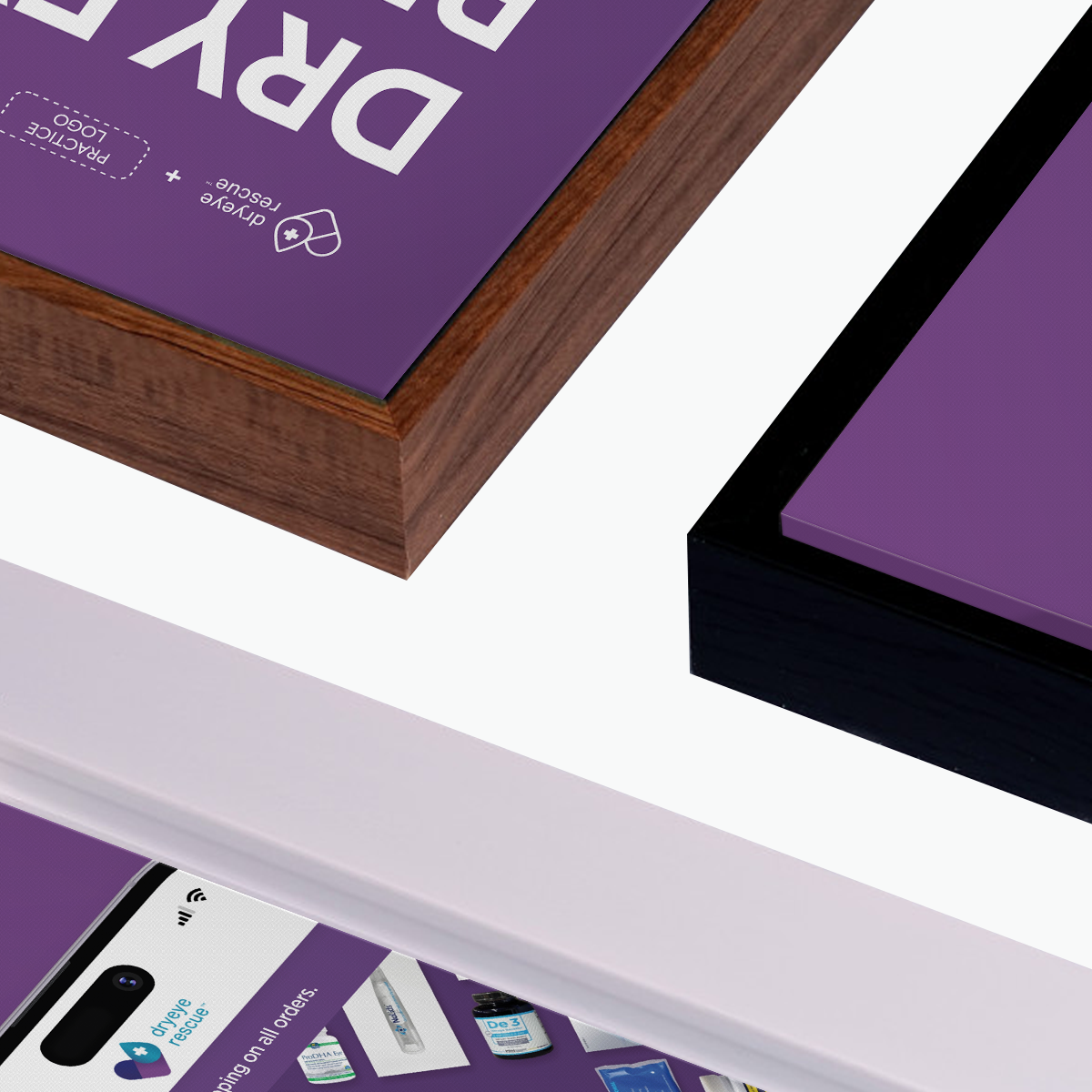 A partial view of Framed Canvas APP Download Custom QR Link Picture Frames by DryEye Rescue, featuring purple and black edges against a white background. A smartphone displays a dry erase board app with icons, text, and a scan-ready APP download QR code.