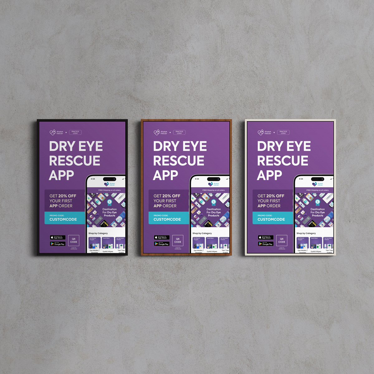 Three Framed Canvas APP Download Custom QR Link Picture Frames by DryEye Rescue are displayed on a gray wall, promoting the Dry Eye Rescue App with a smartphone illustration and an APP download QR code. They offer 20% off the first app order using CUSTOM20 and feature consistent purple backgrounds.